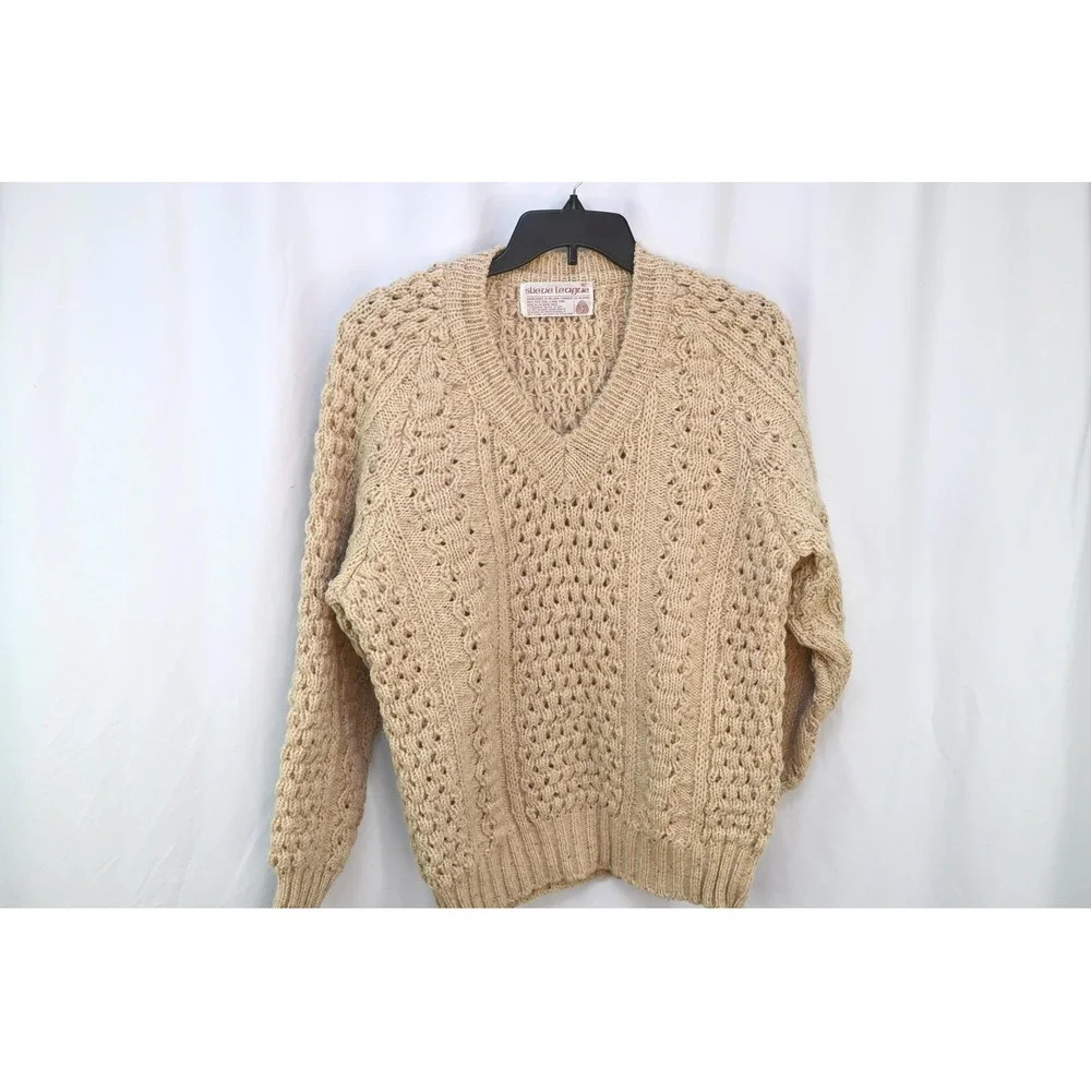 Vintage Slieve League Handloomed Ireland Cream Wool Fisherman Sweater V-Neck 42